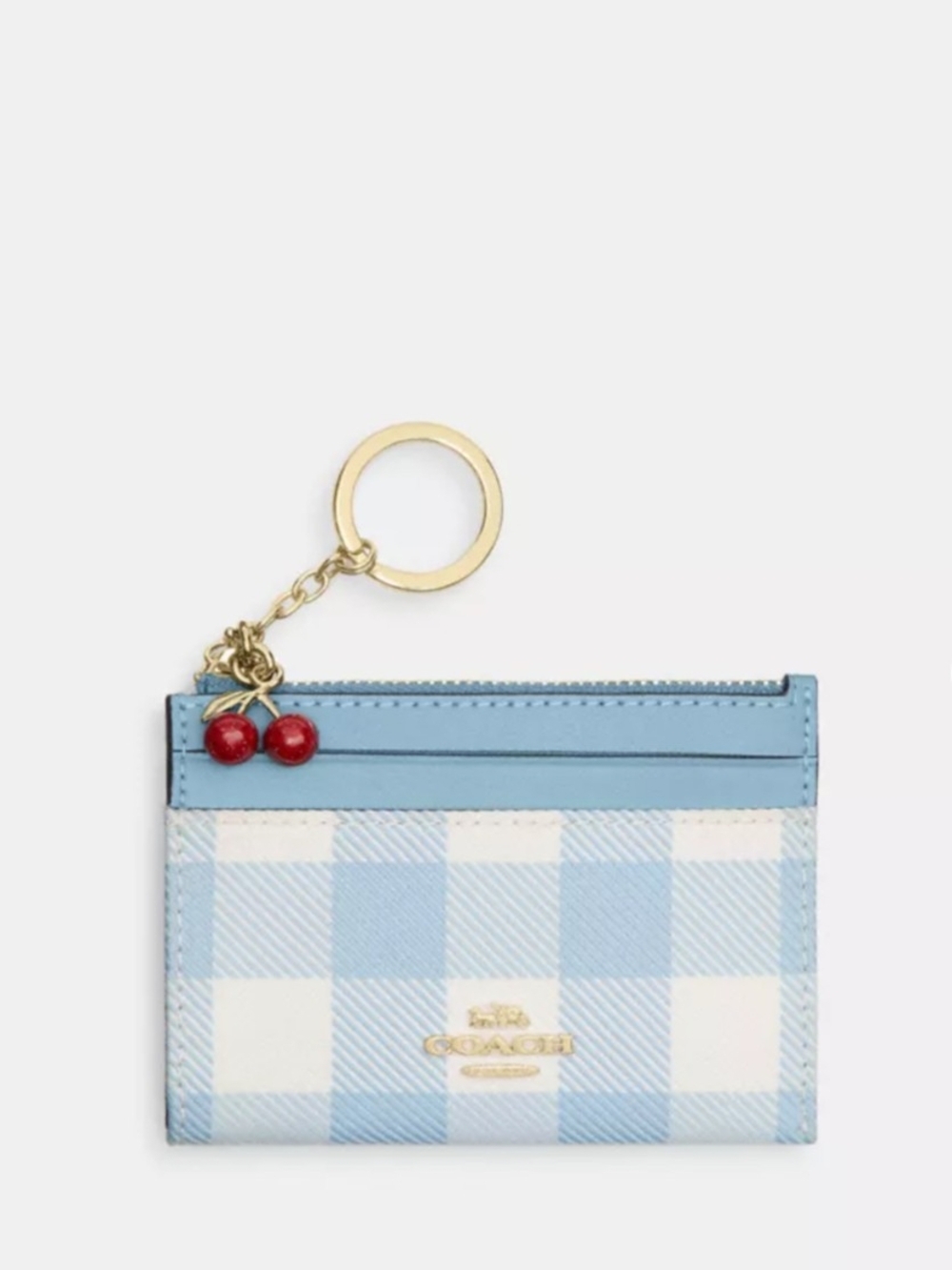 Coach Blue Gingham Cardholder Keyring with Cherry Charm